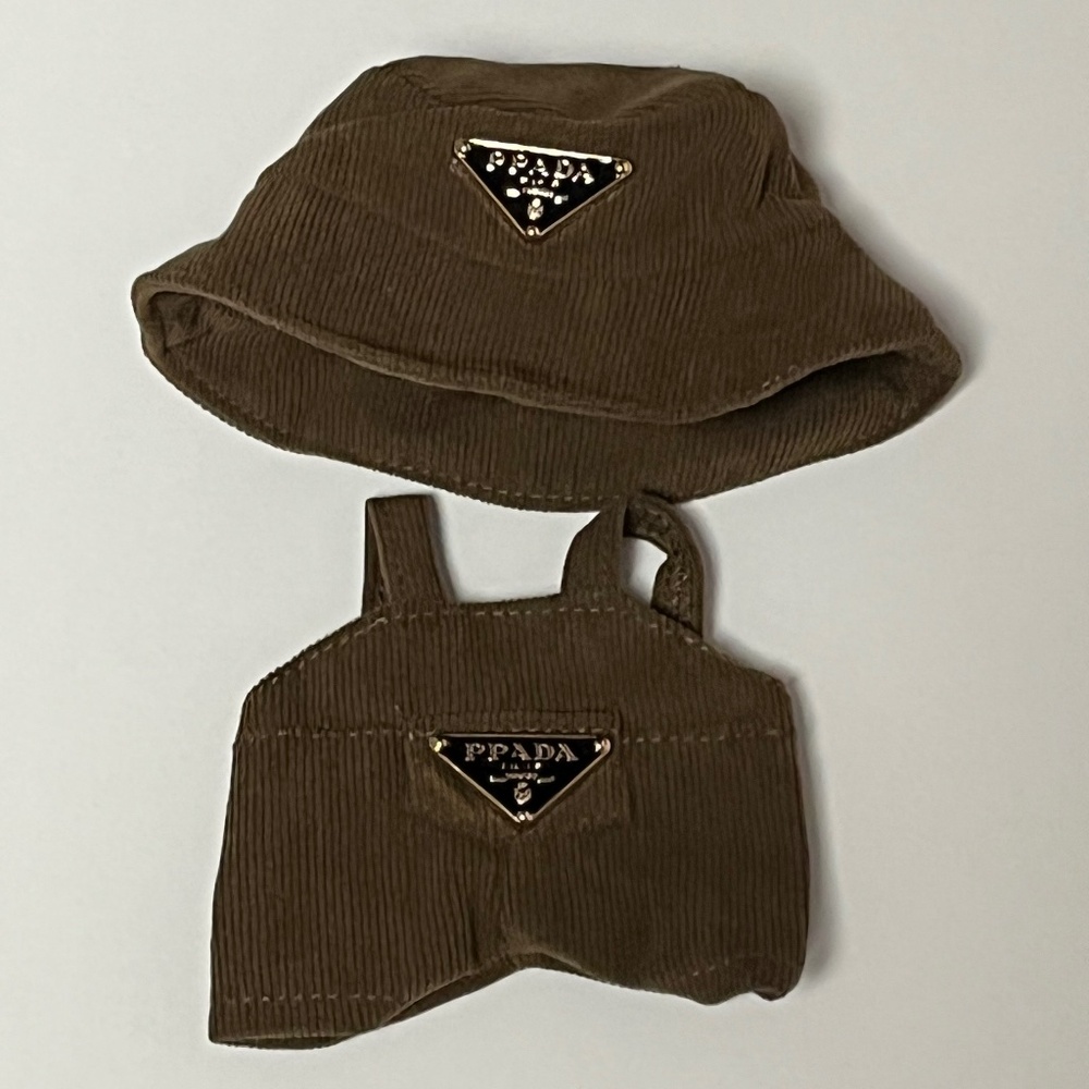 Designer Overalls Bucket Hat 2 Piece Outfit For Labubu Brown